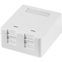 White LogiLink Keystone surface box, 2-port with shutter, rectangular shape and smooth finish.