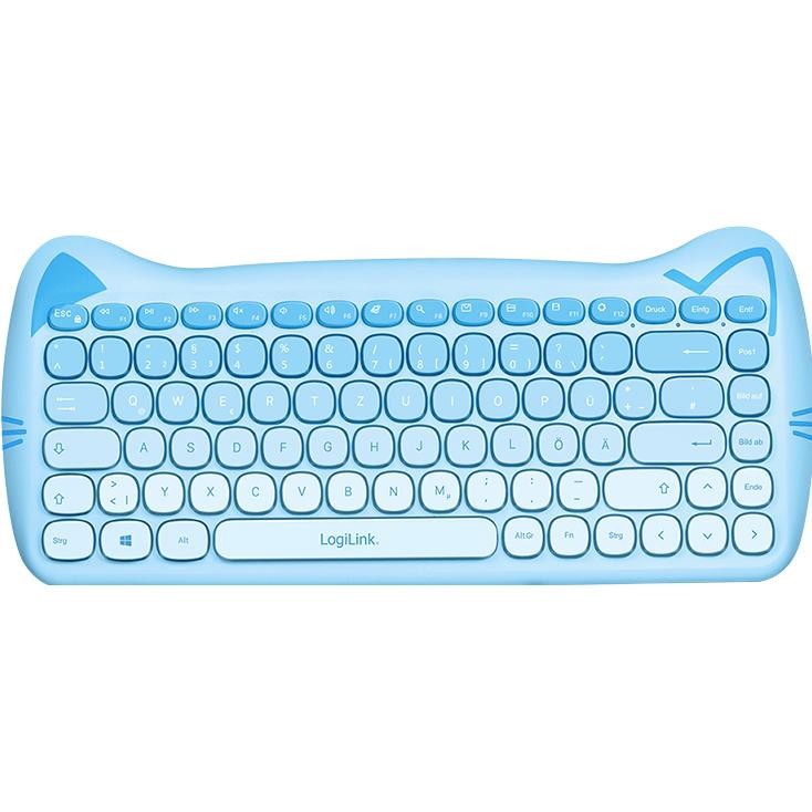 Light blue LogiLink Kids Keyboard featuring a playful cat design, rounded keys, and a compact layout, ideal for children's hands, with wireless 2.4G connectivity.