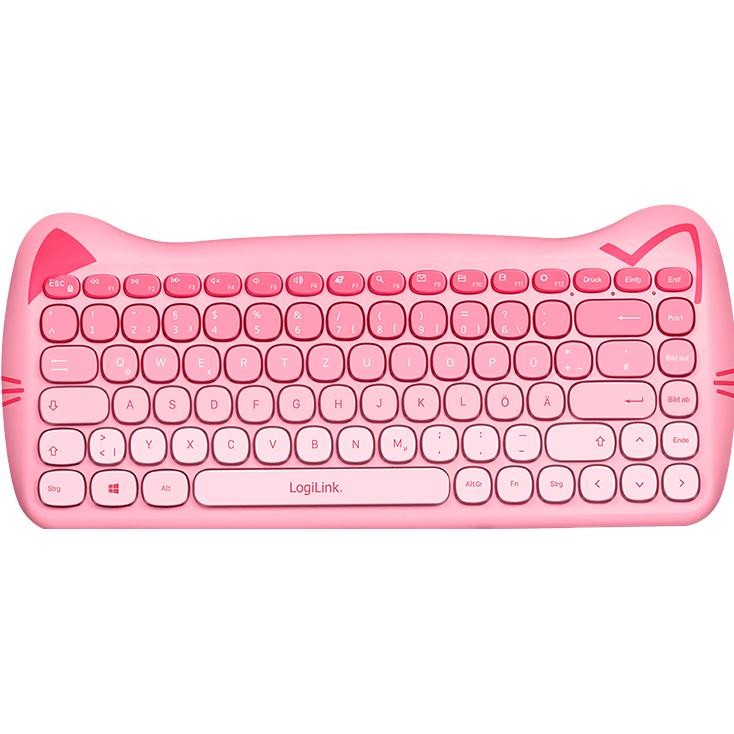 Pink LogiLink Kids Keyboard featuring a cute cat design with rounded keys, wireless 2.4G connectivity, and a playful aesthetic suitable for children.