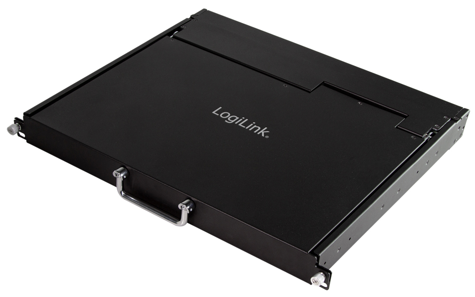 LogiLink KVM console features a sleek black metal casing, an integrated 17" LCD screen, and a compact design with a handle for easy portability.
