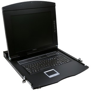LogiLink LC702GE rack console features a 17-inch black display with a resolution of 1280 x 1024 pixels, integrated keyboard, and touchpad, designed for rack-mounted use.