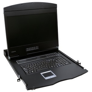 LogiLink LC902GE rack console features a 47 cm (18.5") screen with a resolution of 1366 x 768 pixels, a black metal casing, integrated keyboard, and touchpad for easy access.