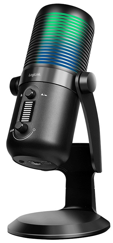 Black LogiLink USB condenser microphone with RGB light, dual pattern switch, volume control, and a sturdy black stand, showcasing a sleek, modern design.
