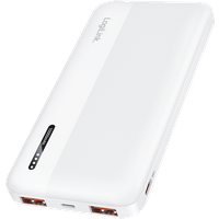 White LogiLink power bank, 10,000 mAh, with PD 20W, QC 3.0 ports, sleek design, and LED indicator strip.