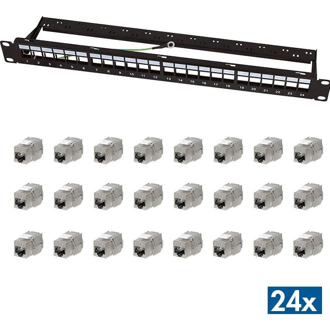 LogiLink modular 24-port Cat.6A keystone panel in black, featuring a 19"/1U rack mount design, with 24 individual keystone jacks arranged below the panel.