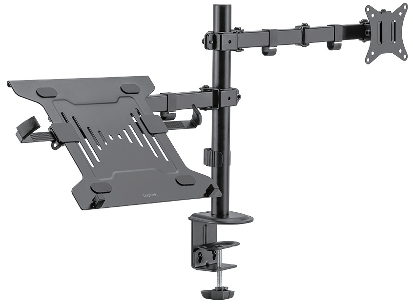 LogiLink Monitor Mount in black, designed for 17''-32'' screens, features an adjustable arm, laptop holder, and clamp for easy attachment to desks.