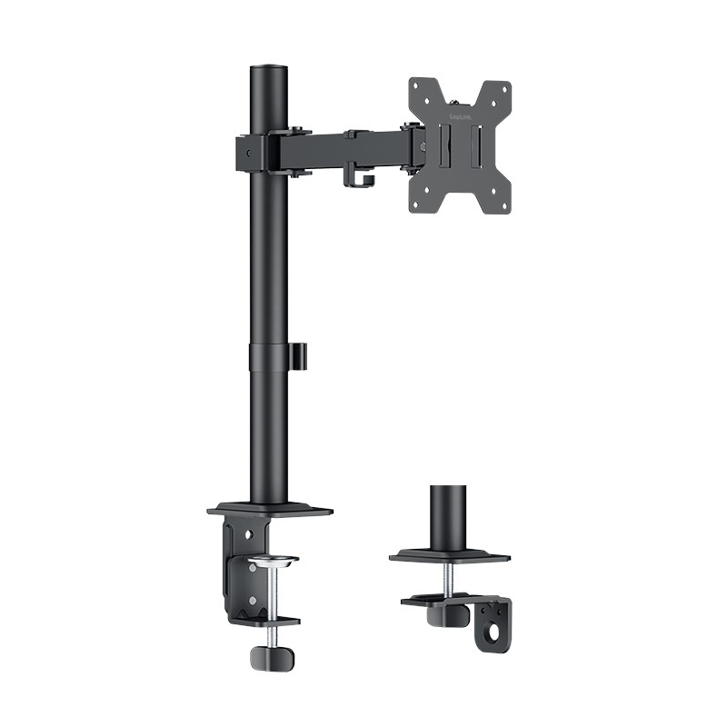 LogiLink monitor mount in black steel, adjustable for 17"-32" screens, features a 202mm arm length and includes clamp and grommet mounting options.