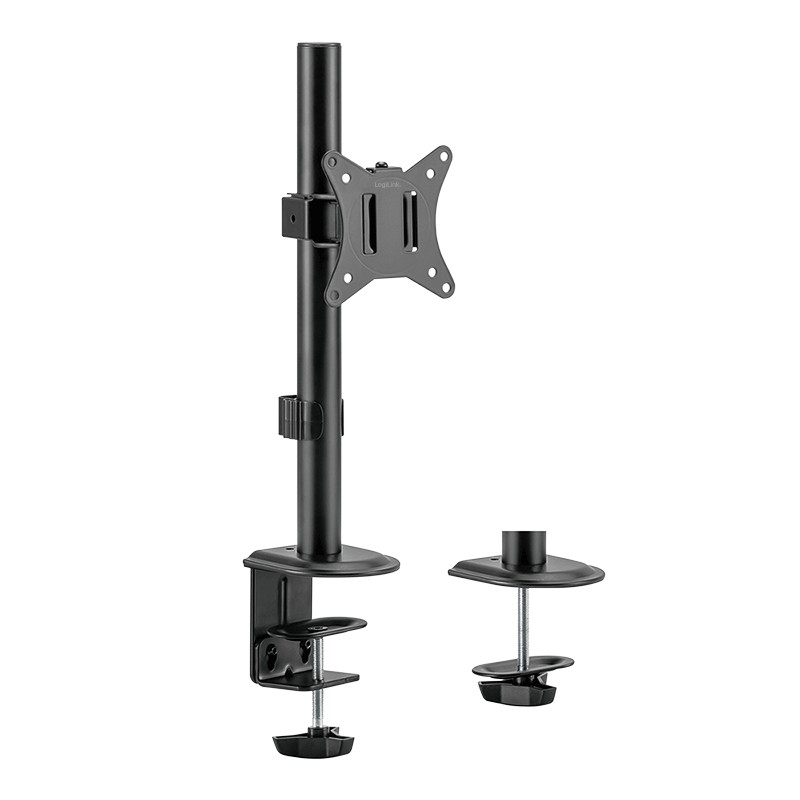 LogiLink articulating monitor mount in black steel, designed for 17"-32" screens, featuring a vertical pole and clamp for secure attachment to desks.