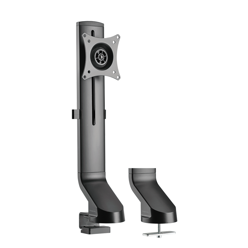 Black LogiLink BP0161 monitor desk mount with a height-adjustable pole, tiltable VESA mount, and sturdy clamp for secure attachment to desks.