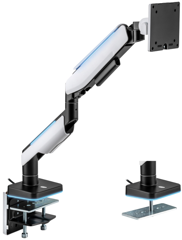 LogiLink Monitor Mount in sleek aluminum with a white and black finish, adjustable for 17"-49" screens, featuring integrated lighting and a sturdy clamp base.