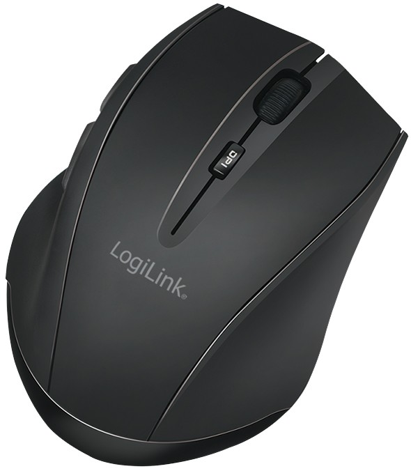 Black LogiLink 5D optical mouse featuring Bluetooth 5.0 connectivity, ergonomic design, scroll wheel, and two side buttons for enhanced functionality.