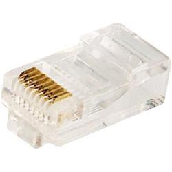 Clear, plastic modular plug with eight gold-plated contacts, designed for CAT5e unshielded cables, packaged in a set of 100 pieces by LogiLink.