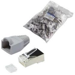 Grey shielded RJ45 connectors (8P8C) with a metallic tip, accompanied by a transparent bag containing 100 pieces, ideal for CAT 6 networking applications.