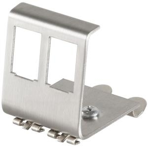 Silver metal patch panel accessory with two rectangular cutouts and a curved base, designed for mounting and organizing cables.