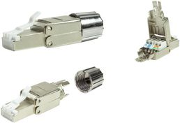 Grey LogiLink MP0080 CAT.8.1 field-terminable RJ45 connector featuring metal and plastic components, showcasing a sleek design with a detachable housing and multiple pins for connectivity.
