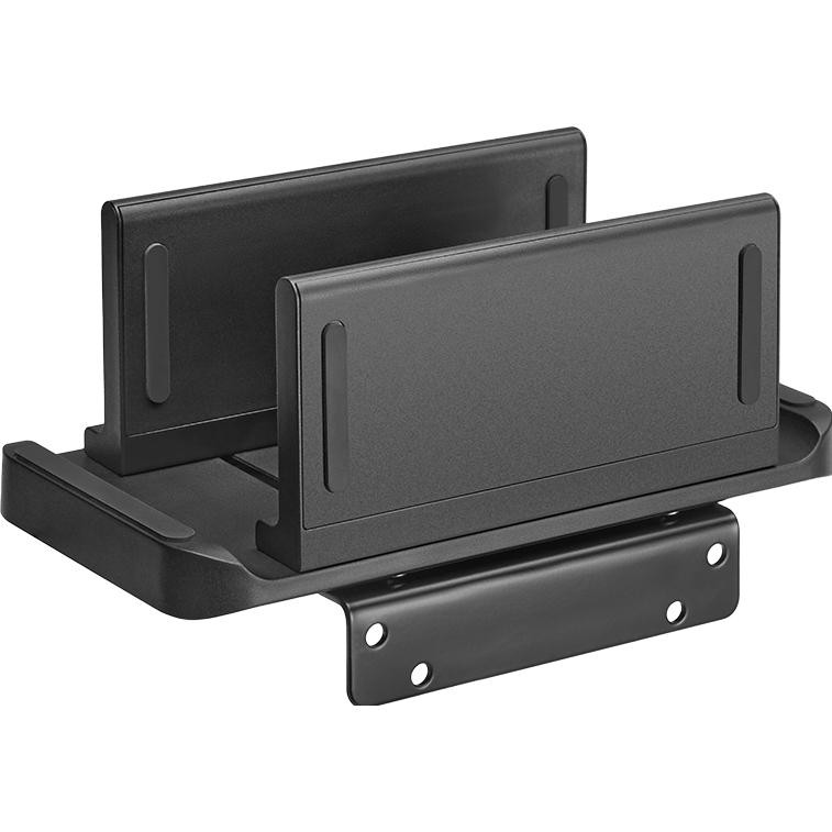 Black LogiLink multifunctional holder designed for mini PCs, featuring adjustable width (0.5-7 cm) and a sturdy base that supports up to 3 kg, made of durable material.