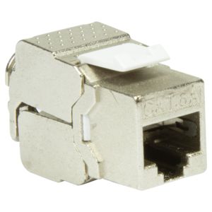 LogiLink NK4001 Keystone Module in metallic silver with a rectangular shape, featuring a white lever and an RJ45 port for network connections.