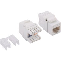 White LogiLink NK4005 keystone module with snap-in design and visible wiring slots, includes detachable clip.