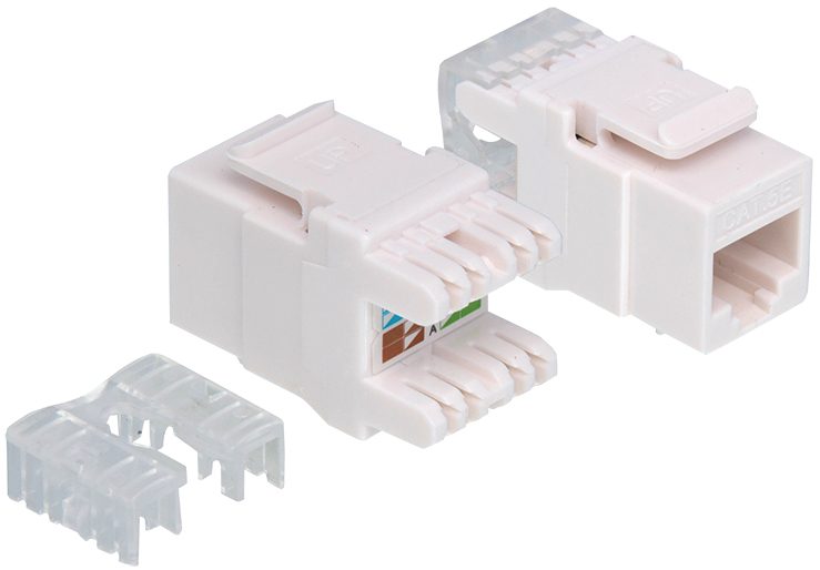 White LogiLink NK4006A keystone module with two connectors, featuring clear plastic housing and color-coded wiring slots for easy installation.
