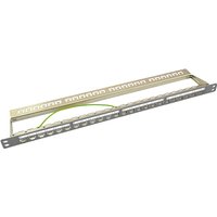LogiLink NK4039 patch panel 0.5U, metallic frame, 24 ports, cable management bar, and labeled slots.