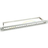 LogiLink NK4041 patch panel 1U, silver frame with 24 ports, labeled slots, and mounting brackets.