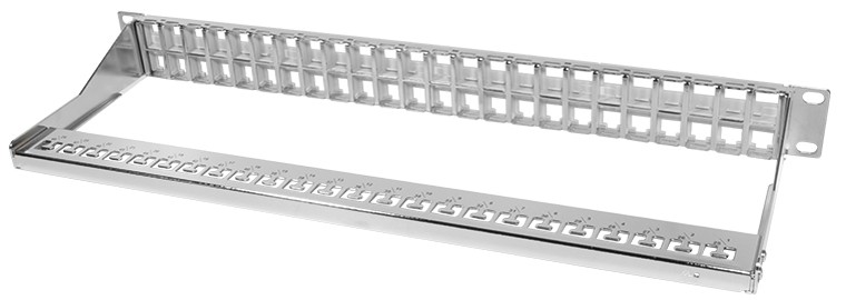 LogiLink NK4046 patch panel accessory in silver metal, featuring multiple ports for cable management and a sturdy design for easy installation.