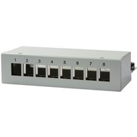 Gray LogiLink NK4051 patch panel with eight numbered Ethernet ports in a rectangular metal casing.