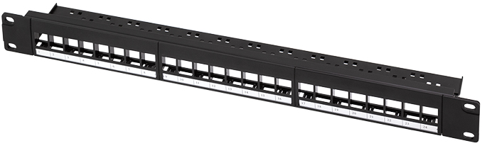 Black 1U patch panel with multiple ports, made of metal, featuring labeled slots for cable management and ventilation holes for heat dissipation.