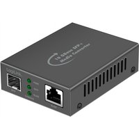 Black LogiLink network media converter with Ethernet ports and LED indicators.