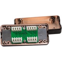 Black LogiLink Cat6e network junction box with exposed green circuit board and white connectors.