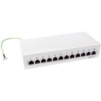 White LogiLink NP0017A 1U patch panel with 12 numbered Ethernet ports and grounding wire.