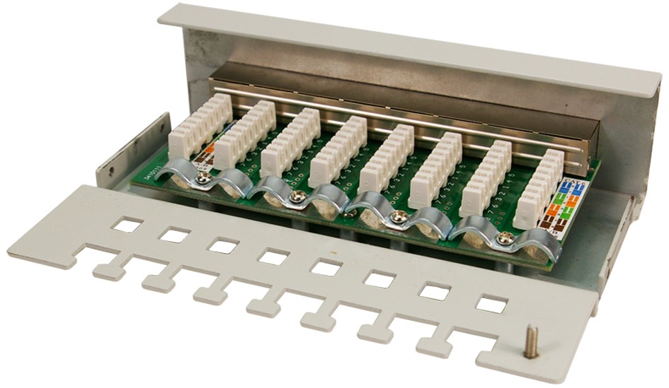 LogiLink NP0017B patch panel in gray metal, featuring eight RJ45 ports on a green circuit board, with a removable cover and mounting brackets for installation.