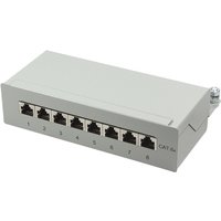 Gray LogiLink NP0018 patch panel with eight numbered Ethernet ports and CAT 6 marking.