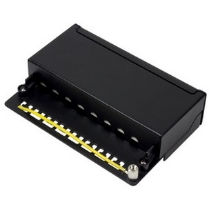 Black metal LogiLink NP0018B patch panel with yellow wiring connectors and multiple ports for network connections, designed for structured cabling systems.