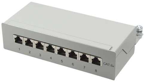 LogiLink NP0019 Patch Panel in light gray metal features eight RJ45 ports, labeled 1 to 8, and is designed for CAT.6A network connections.