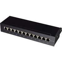 Black LogiLink NP0019B patch panel with 12 numbered Ethernet ports and metal casing.