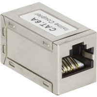 Metallic LogiLink NP0025 keystone module with RJ45 port and labeled "CAT6A Inline Coupler" on top.