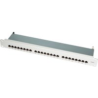Black and silver LogiLink NP0040A patch panel 1U with 24 ports and labeled front panel.