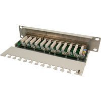 LogiLink NP0041 patch panel, metal frame, 12 ports, hinged cover, exposed circuit board, and mounting brackets.