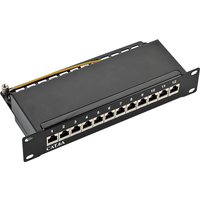Black LogiLink NP0052B 1U patch panel with 12 Ethernet ports and labeled slots, designed for rack mounting.