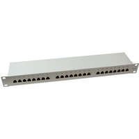 Black LogiLink NP0053 patch panel 1U with 24 Ethernet ports and white labeling area.
