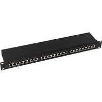 Black LogiLink NP0055 patch panel with 24 Ethernet ports and rack-mountable design.