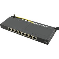 Black LogiLink NP0064B patch panel 0.5U with eight Ethernet ports and cable management features.