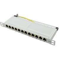 Gray LogiLink NP0065 patch panel 0.5U with 12 Ethernet ports and cable management bar.