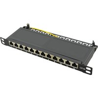 Black LogiLink NP0066 patch panel 0.5U with 12 Ethernet ports and labeled slots, compact and rack-mountable design.