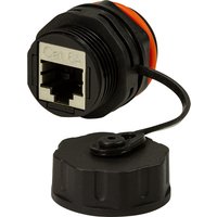 Black and orange LogiLink RJ-45 wire connector with protective cap and attached tether.