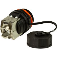 Black LogiLink RJ-45 wire connector with silver metal casing, orange accent, and attached protective cap.