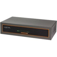 Black LogiLink NS0098 unmanaged network switch with orange trim and LED indicators on front panel.