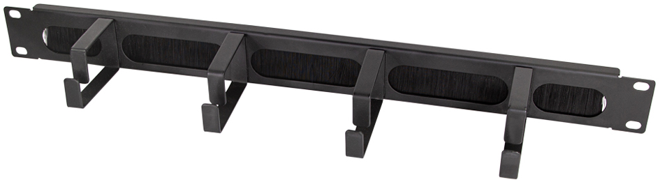 Black metal cable management panel with four hooks and cut-out slots for organized cable routing, designed for rack mounting.