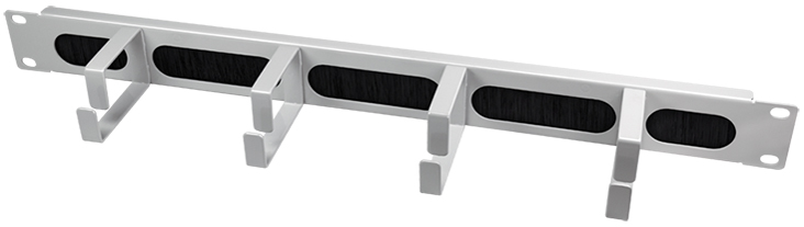 Silver metal cable management panel with four hooks and black brush strips for organizing cables, designed for rack installation.